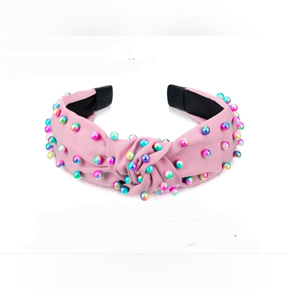 Pink Knotted Headband Adorned With Multicolored Faux Pearls BNIB